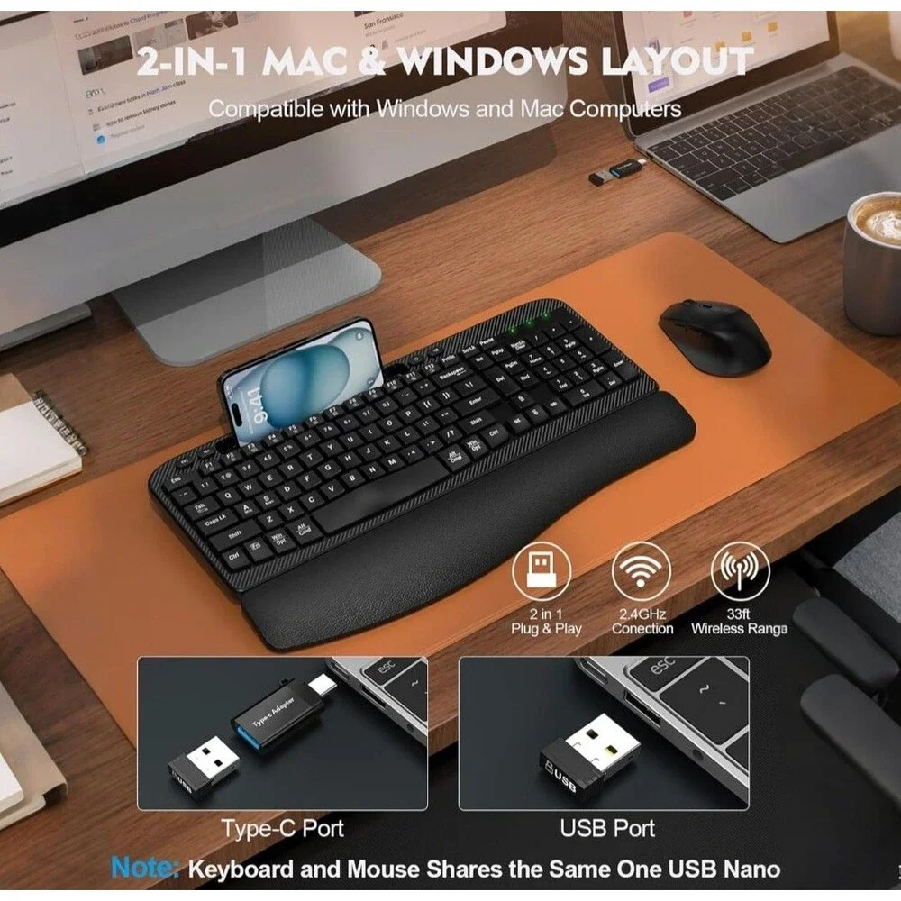 Wireless Keyboard and Mouse Combo, Wave Keys Full-Sized Ergonomic Cushioned Plam